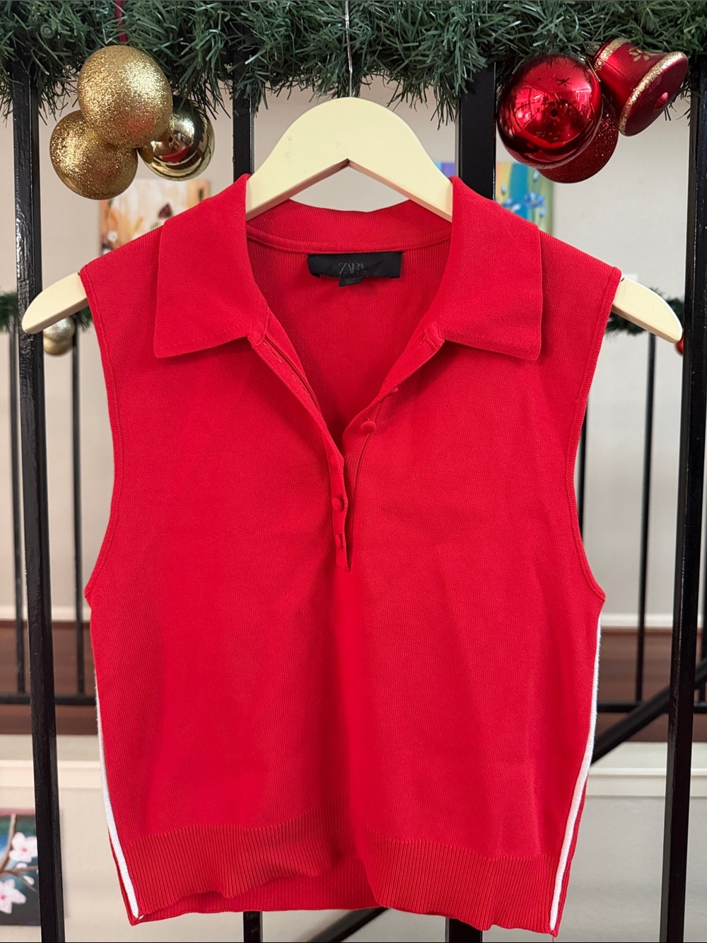 Zara Red Sleeveless Polo Knit Tank with Side Stripe